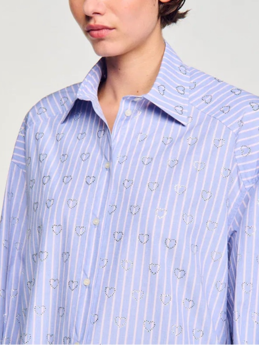 SANDRO Valentine Rhinestone-Heart Cotton Button Up Shirt